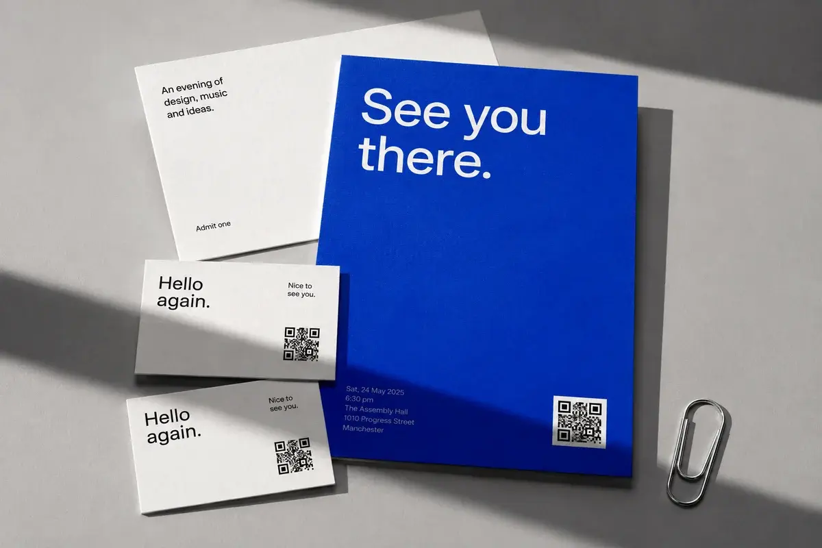 Illustrative cobalt event invitation and white business cards on a print studio desk